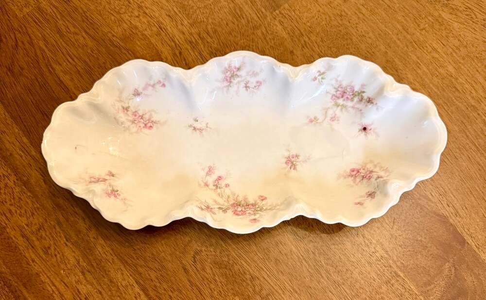 Antique Haviland Pink Roses Celery Dish, Limoges France.